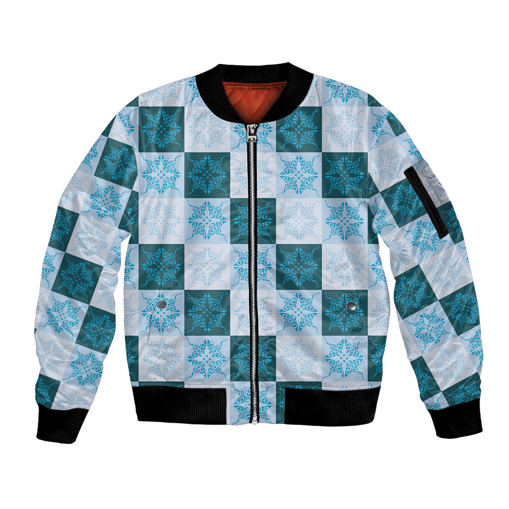 Cyan Manta Ray Hawaiian Quilt Motif Sleeve Zip Bomber Jacket LT05 Unisex Blue - Polynesian Pride