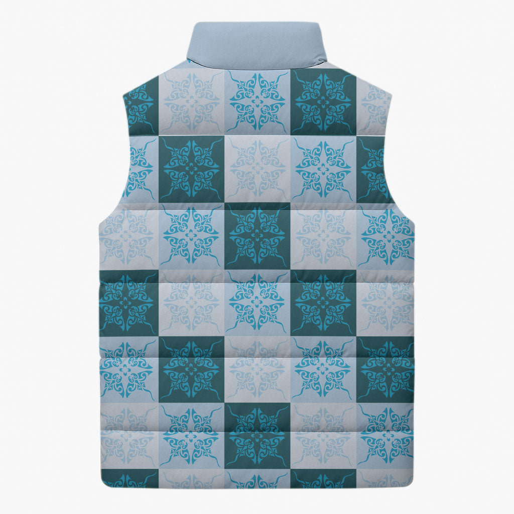 Cyan Manta Ray Hawaiian Quilt Motif Sleeveless Puffer Jacket LT05 - Polynesian Pride