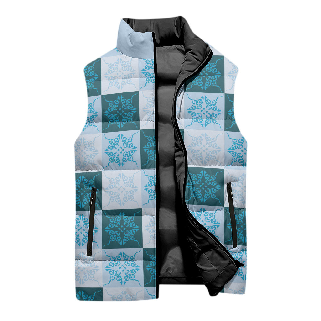 Cyan Manta Ray Hawaiian Quilt Motif Sleeveless Puffer Jacket LT05 - Polynesian Pride