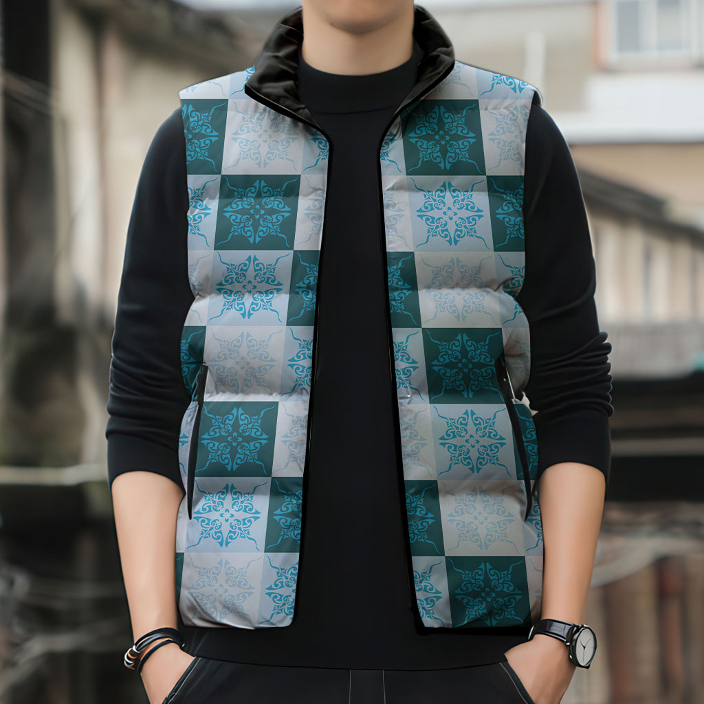 Cyan Manta Ray Hawaiian Quilt Motif Sleeveless Puffer Jacket LT05 - Polynesian Pride