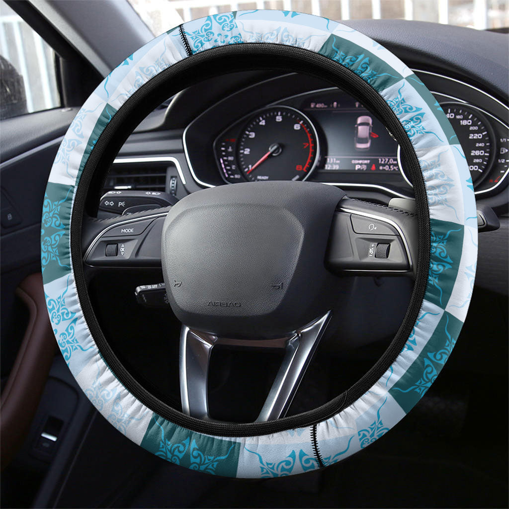 Cyan Manta Ray Hawaiian Quilt Motif Steering Wheel Cover LT05 - Polynesian Pride