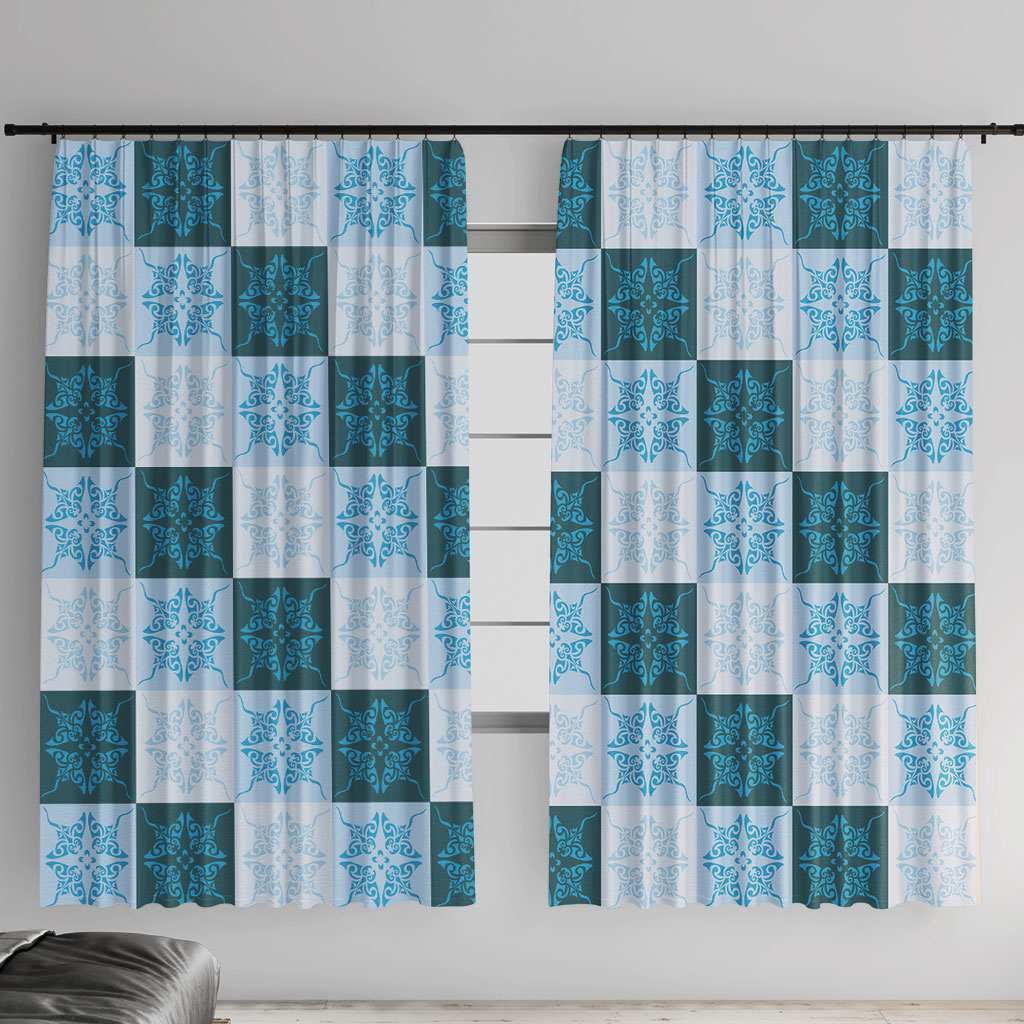 Cyan Manta Ray Hawaiian Quilt Motif Window Curtain LT05 With Hooks Blue - Polynesian Pride