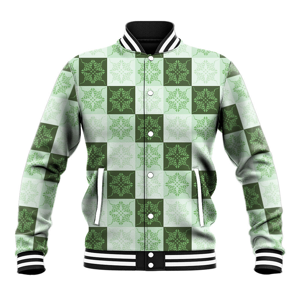 Sage Green Manta Ray Hawaiian Quilt Motif Baseball Jacket LT05 Unisex Green - Polynesian Pride