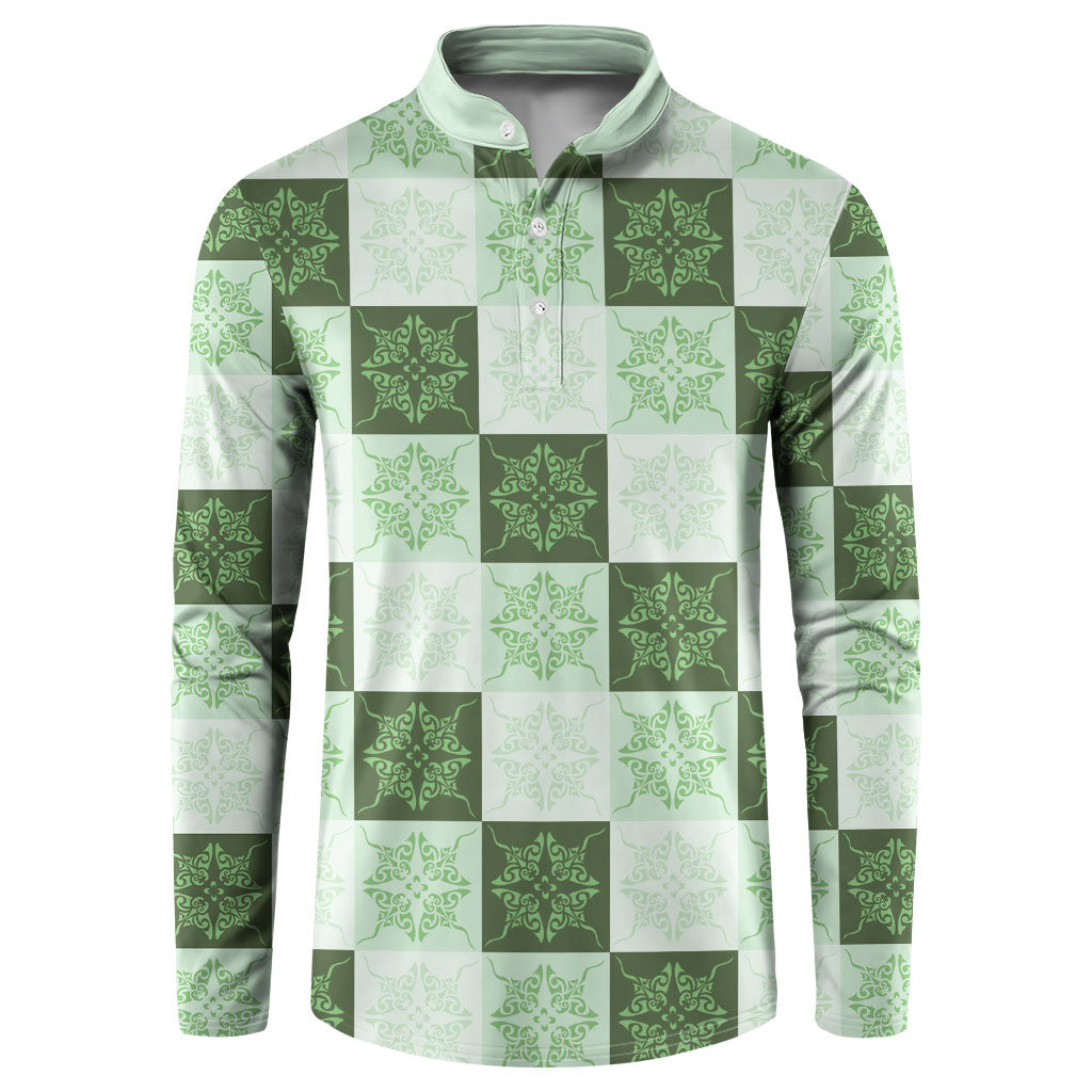 Sage Green Manta Ray Hawaiian Quilt Motif Button Sweatshirt LT05 Green - Polynesian Pride