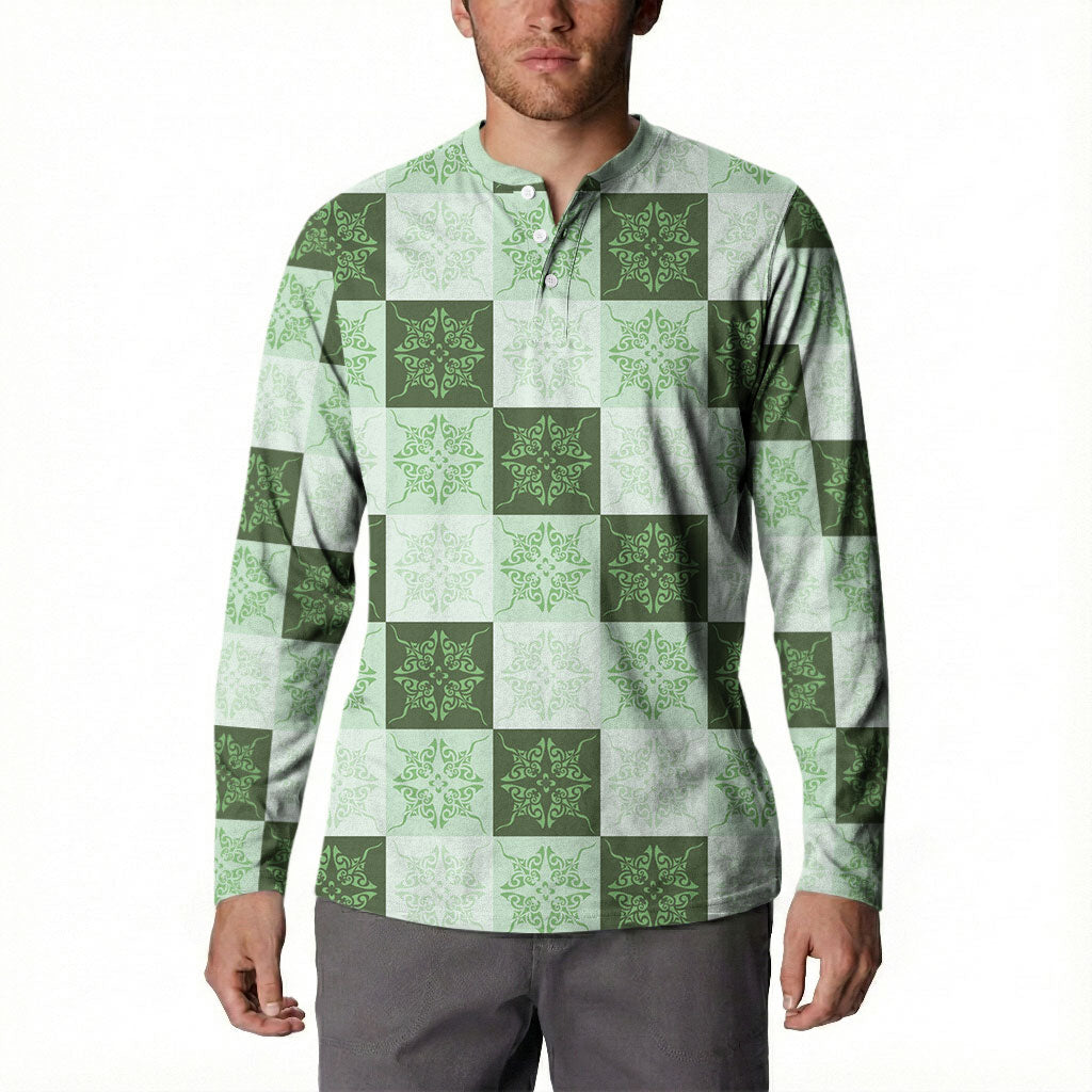 Sage Green Manta Ray Hawaiian Quilt Motif Button Sweatshirt LT05 - Polynesian Pride