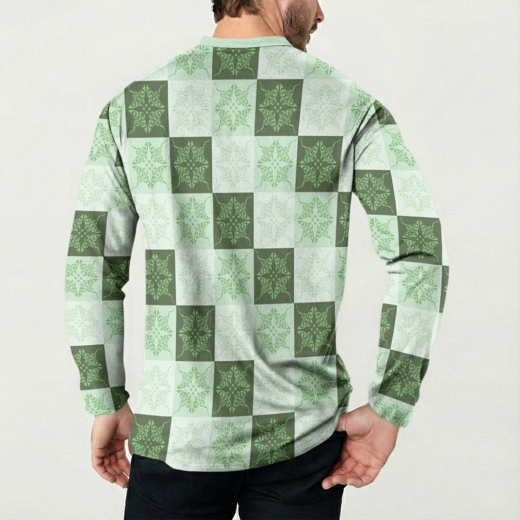 Sage Green Manta Ray Hawaiian Quilt Motif Button Sweatshirt LT05 - Polynesian Pride