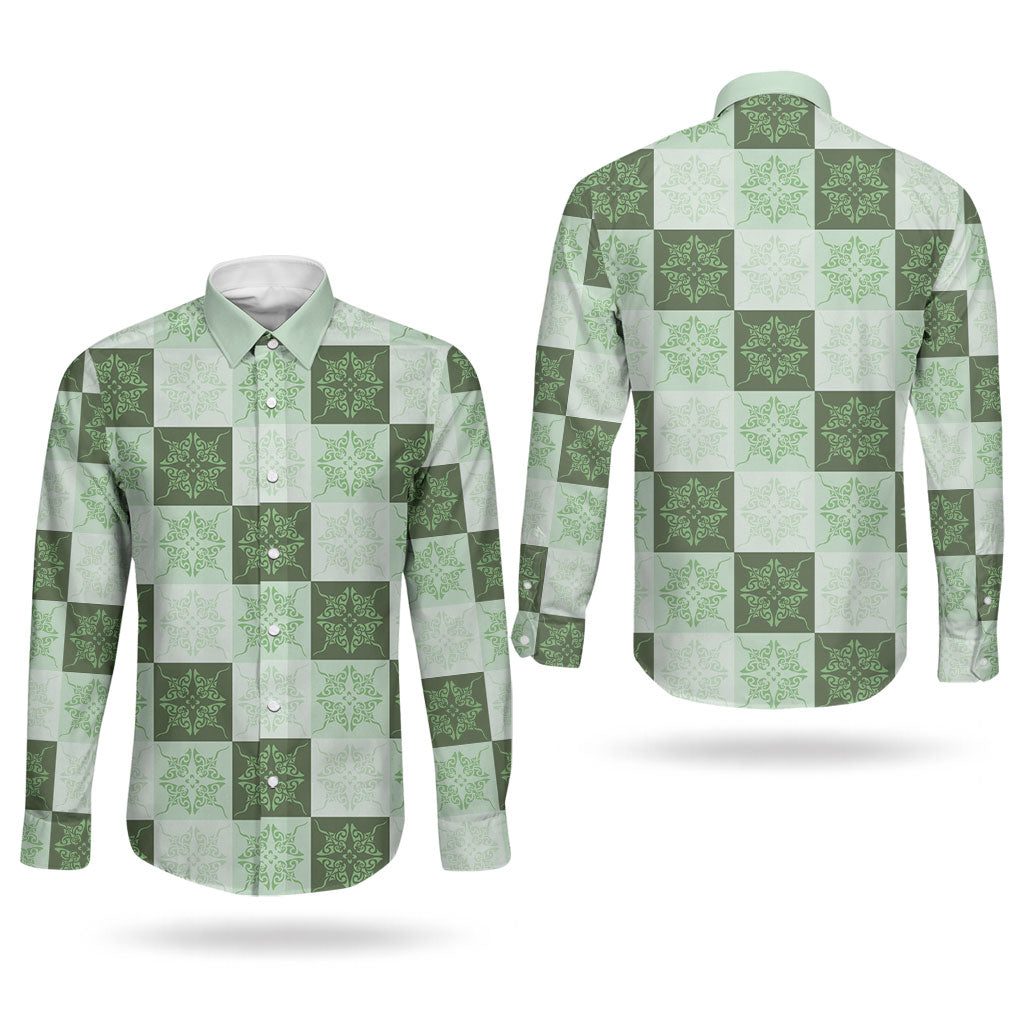 Sage Green Manta Ray Hawaiian Quilt Motif Couples Matching Puletasi and Long Sleeve Button Shirt LT05 - Polynesian Pride