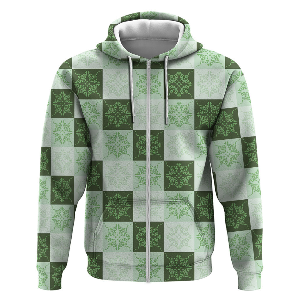 Sage Green Manta Ray Hawaiian Quilt Motif Hoodie LT05 Zip Hoodie Green - Polynesian Pride