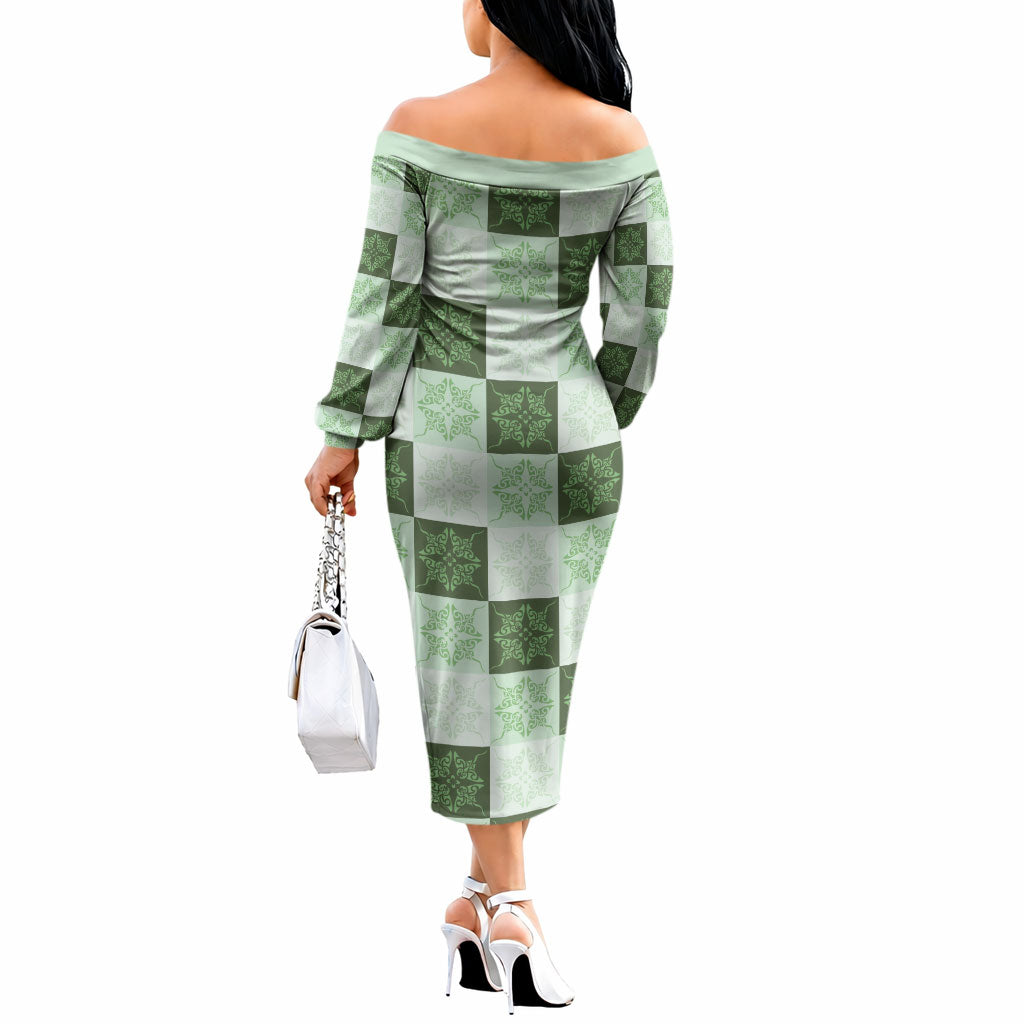 Sage Green Manta Ray Hawaiian Quilt Motif Off The Shoulder Long Sleeve Dress LT05 - Polynesian Pride