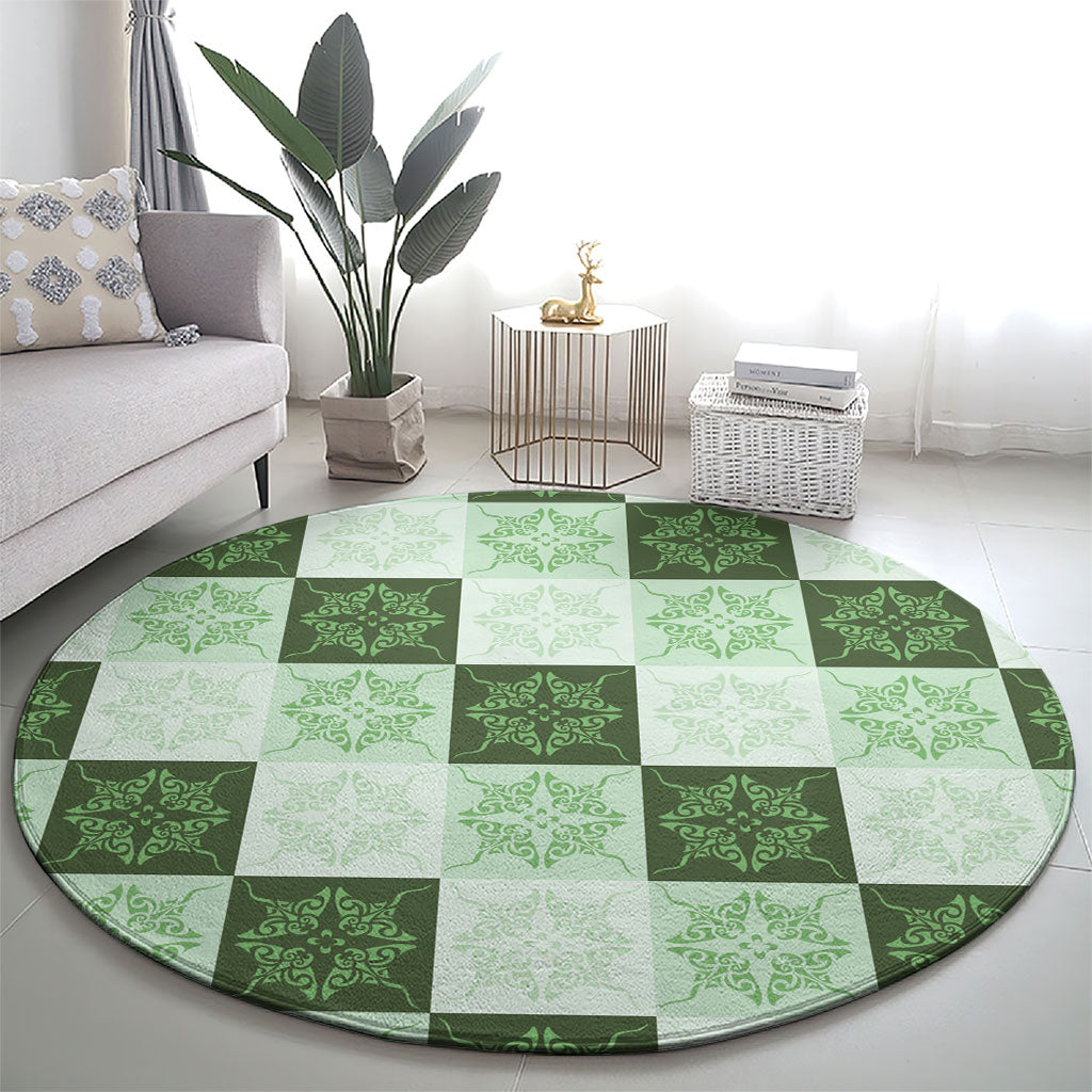 Sage Green Manta Ray Hawaiian Quilt Motif Round Carpet LT05 - Polynesian Pride