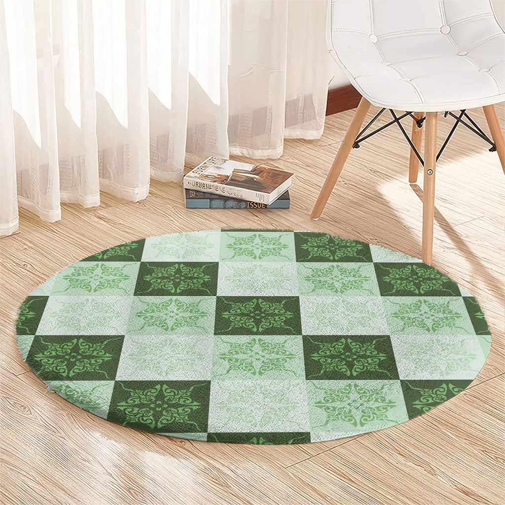 Sage Green Manta Ray Hawaiian Quilt Motif Round Carpet LT05 - Polynesian Pride