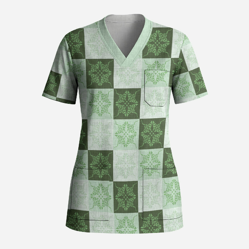 Sage Green Manta Ray Hawaiian Quilt Motif Scrub Top LT05 Adult Green - Polynesian Pride