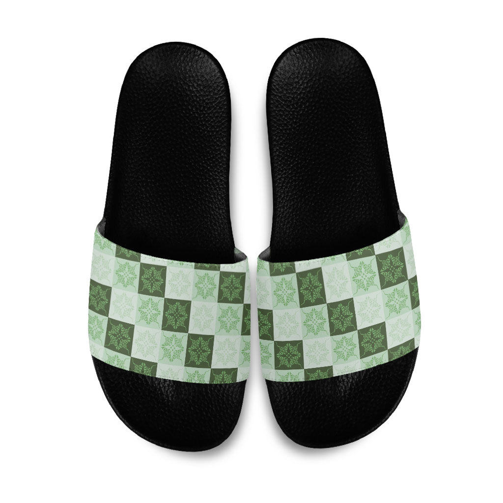 Sage Green Manta Ray Hawaiian Quilt Motif Slide Sandals LT05 Green - Polynesian Pride