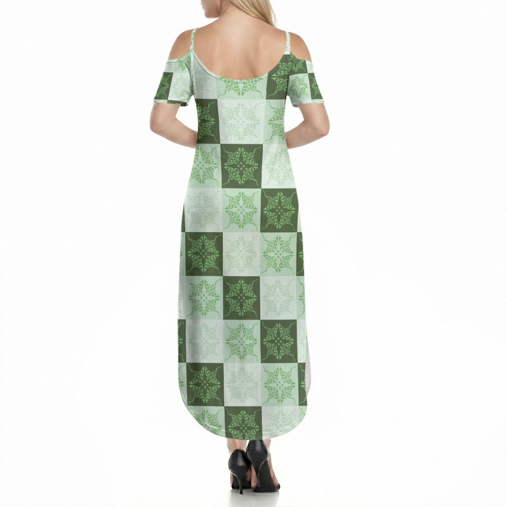 Sage Green Manta Ray Hawaiian Quilt Motif Summer Maxi Dress LT05 - Polynesian Pride