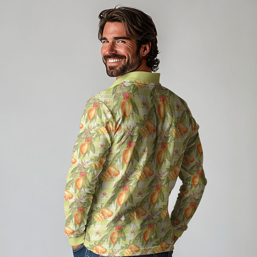 Vintage Hawaii Mango Long Sleeve Polo Shirt Yellow Green Hawaiian Palaka LT05 - Polynesian Pride