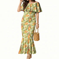 Vintage Hawaii Mango Mermaid Dress Yellow Green Hawaiian Palaka LT05 Women Green - Polynesian Pride