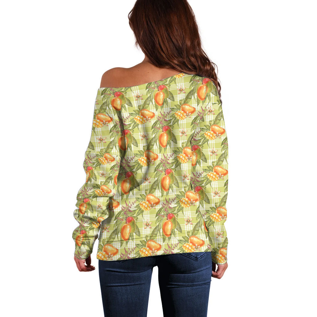 Vintage Hawaii Mango Off Shoulder Sweater Yellow Green Hawaiian Palaka LT05 - Polynesian Pride