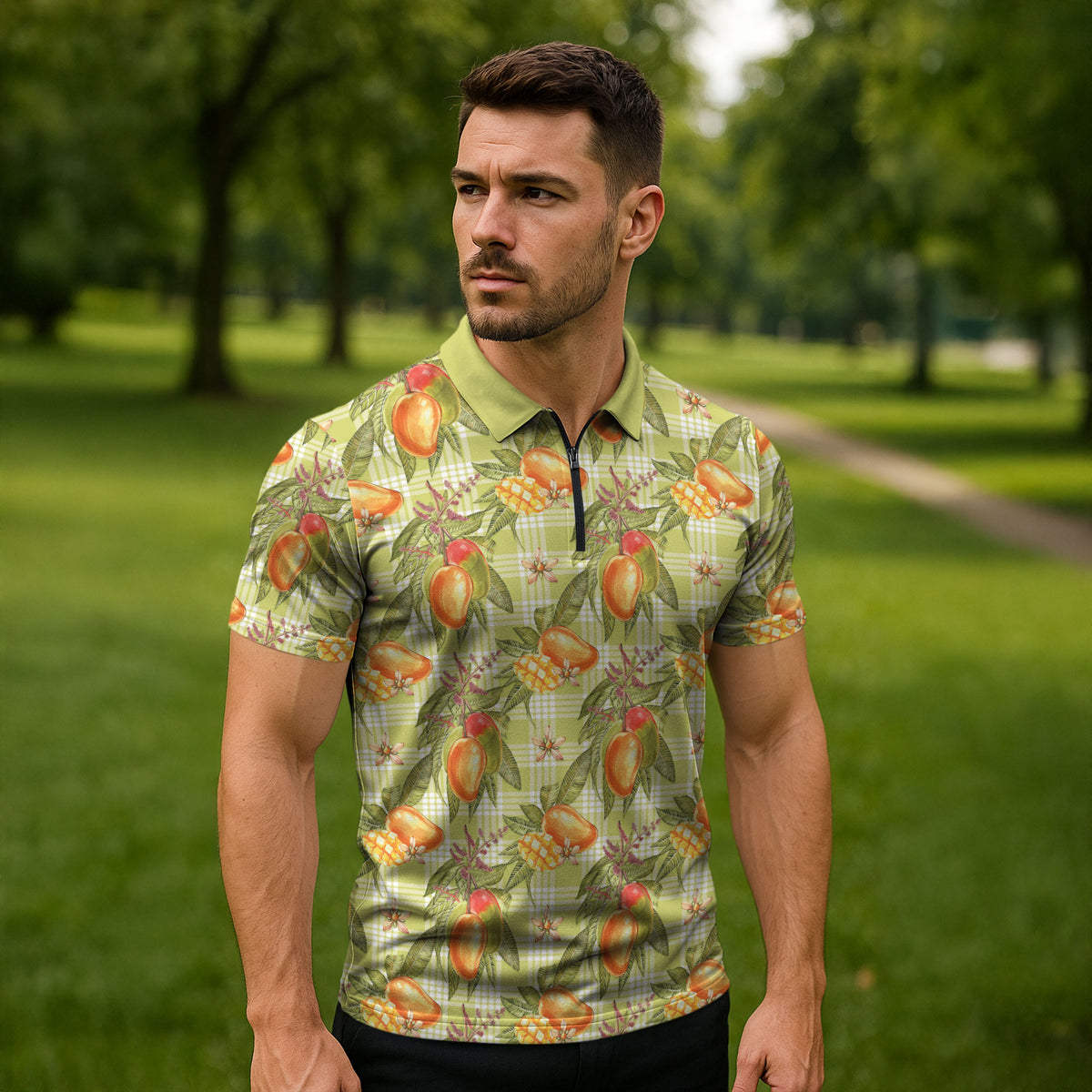 Vintage Hawaii Mango Zipper Polo Shirt Yellow Green Hawaiian Palaka LT05 - Polynesian Pride