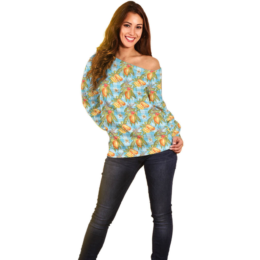 Vintage Hawaii Mango Off Shoulder Sweater Blue Hawaiian Palaka LT05 - Polynesian Pride