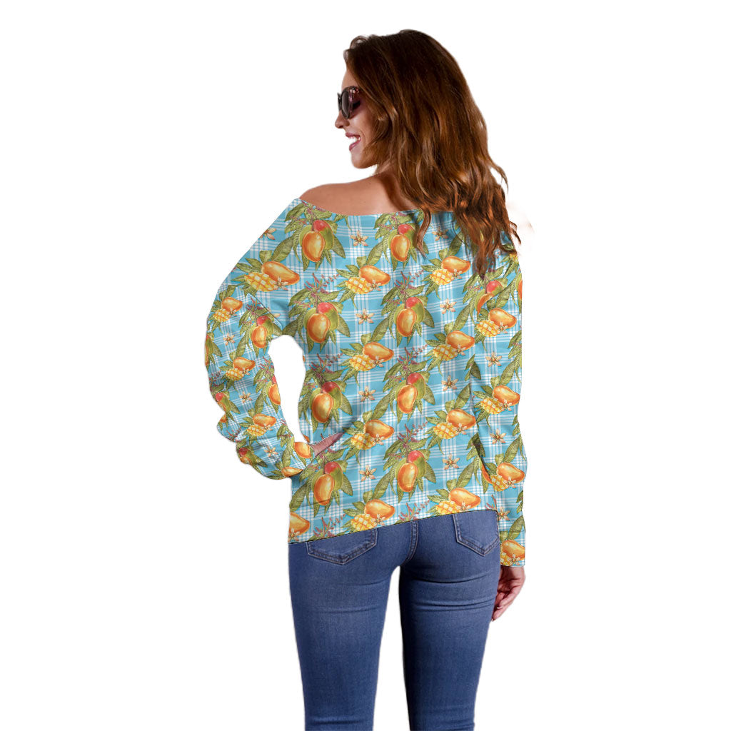 Vintage Hawaii Mango Off Shoulder Sweater Blue Hawaiian Palaka LT05 - Polynesian Pride