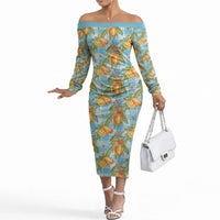 Vintage Hawaii Mango Off The Shoulder Long Sleeve Dress Blue Hawaiian Palaka LT05 Women Blue - Polynesian Pride