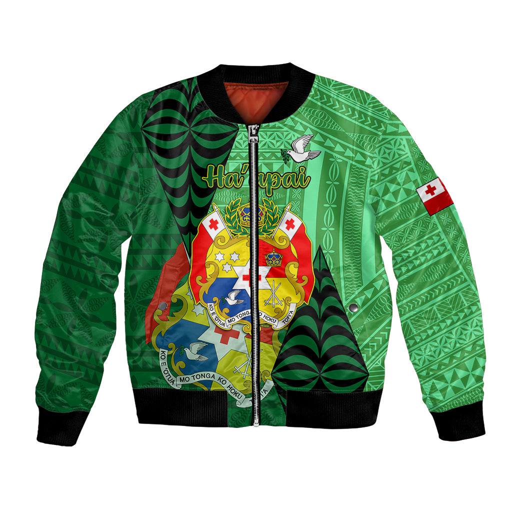 Personalized Tonga Bomber Jacket Coat Of Arms Haapai With Ngatu Pattern LT05 Unisex Green - Polynesian Pride