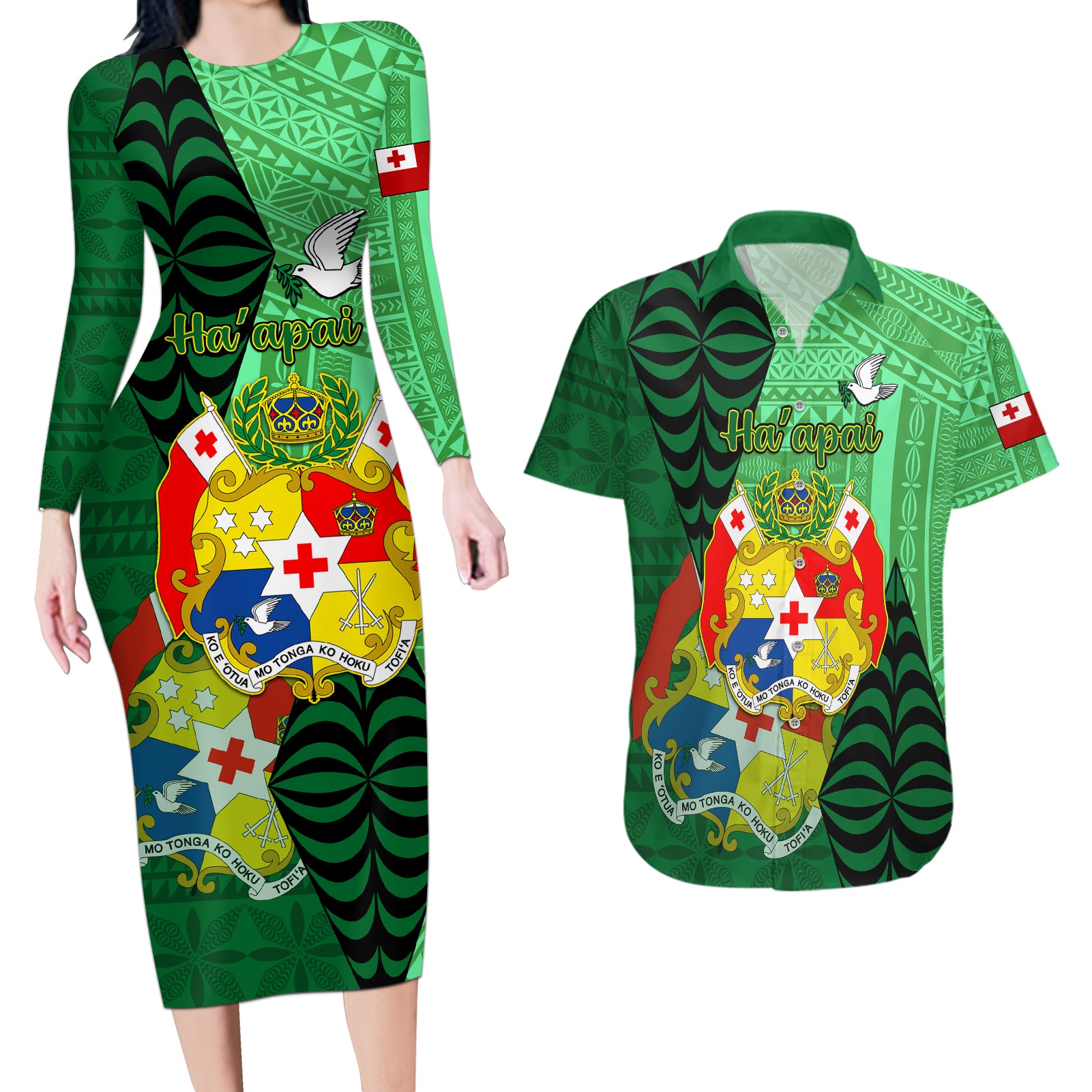 Personalized Tonga Couples Matching Long Sleeve Bodycon Dress and Hawaiian Shirt Coat Of Arms Haapai With Ngatu Pattern LT05 Green - Polynesian Pride