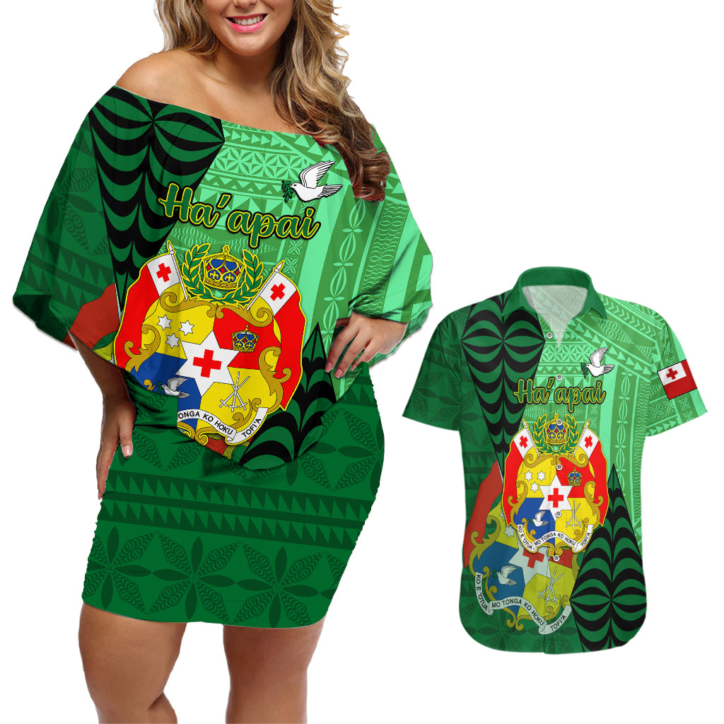 Personalized Tonga Couples Matching Off Shoulder Short Dress and Hawaiian Shirt Coat Of Arms Haapai With Ngatu Pattern LT05 Green - Polynesian Pride