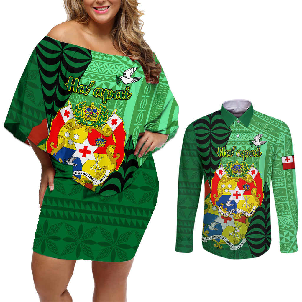 Personalized Tonga Couples Matching Off Shoulder Short Dress and Long Sleeve Button Shirts Coat Of Arms Haapai With Ngatu Pattern LT05 Green - Polynesian Pride