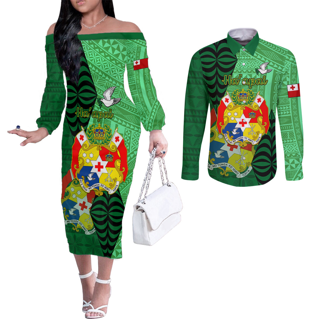 Personalized Tonga Couples Matching Off The Shoulder Long Sleeve Dress and Long Sleeve Button Shirts Coat Of Arms Haapai With Ngatu Pattern LT05 Green - Polynesian Pride