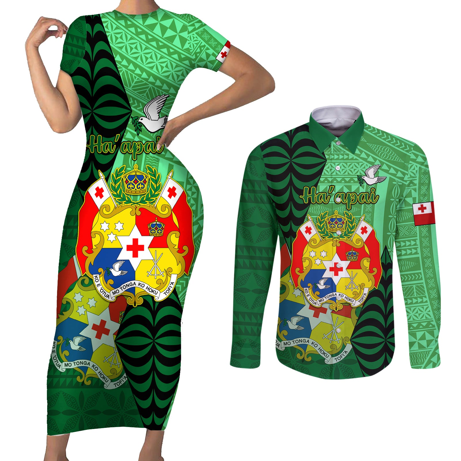 Personalized Tonga Couples Matching Short Sleeve Bodycon Dress and Long Sleeve Button Shirts Coat Of Arms Haapai With Ngatu Pattern LT05 Green - Polynesian Pride