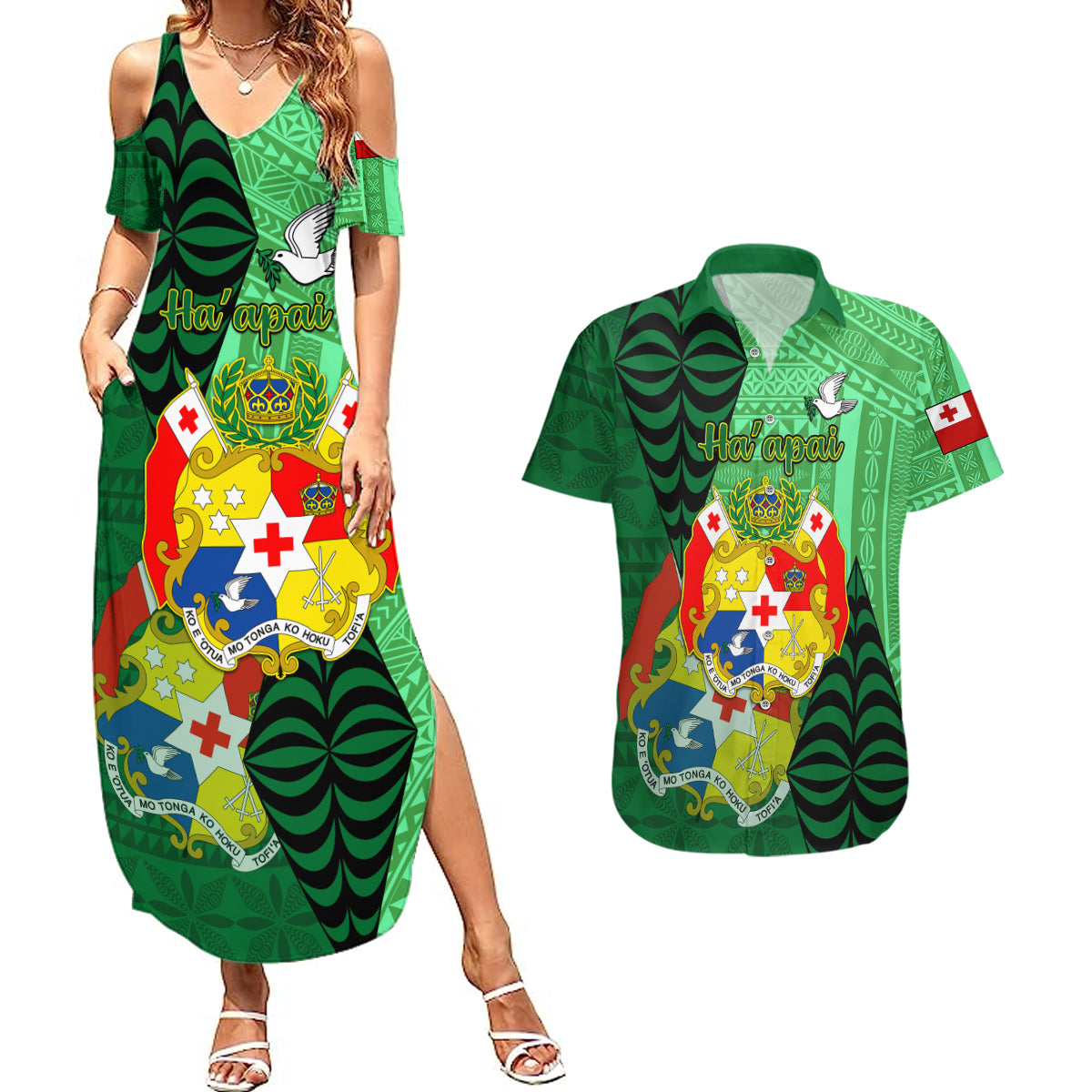 Personalized Tonga Couples Matching Summer Maxi Dress and Hawaiian Shirt Coat Of Arms Haapai With Ngatu Pattern LT05 Green - Polynesian Pride