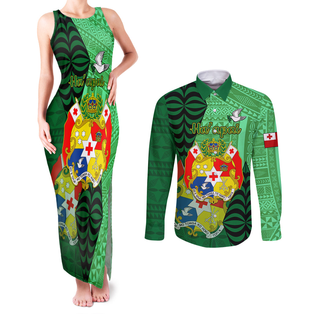 Personalized Tonga Couples Matching Tank Maxi Dress and Long Sleeve Button Shirts Coat Of Arms Haapai With Ngatu Pattern LT05 Green - Polynesian Pride