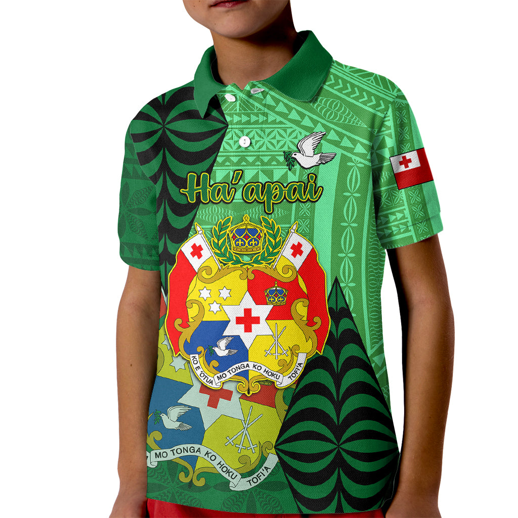 Personalized Tonga Kid Polo Shirt Coat Of Arms Haapai With Ngatu Pattern LT05 Kid Green - Polynesian Pride