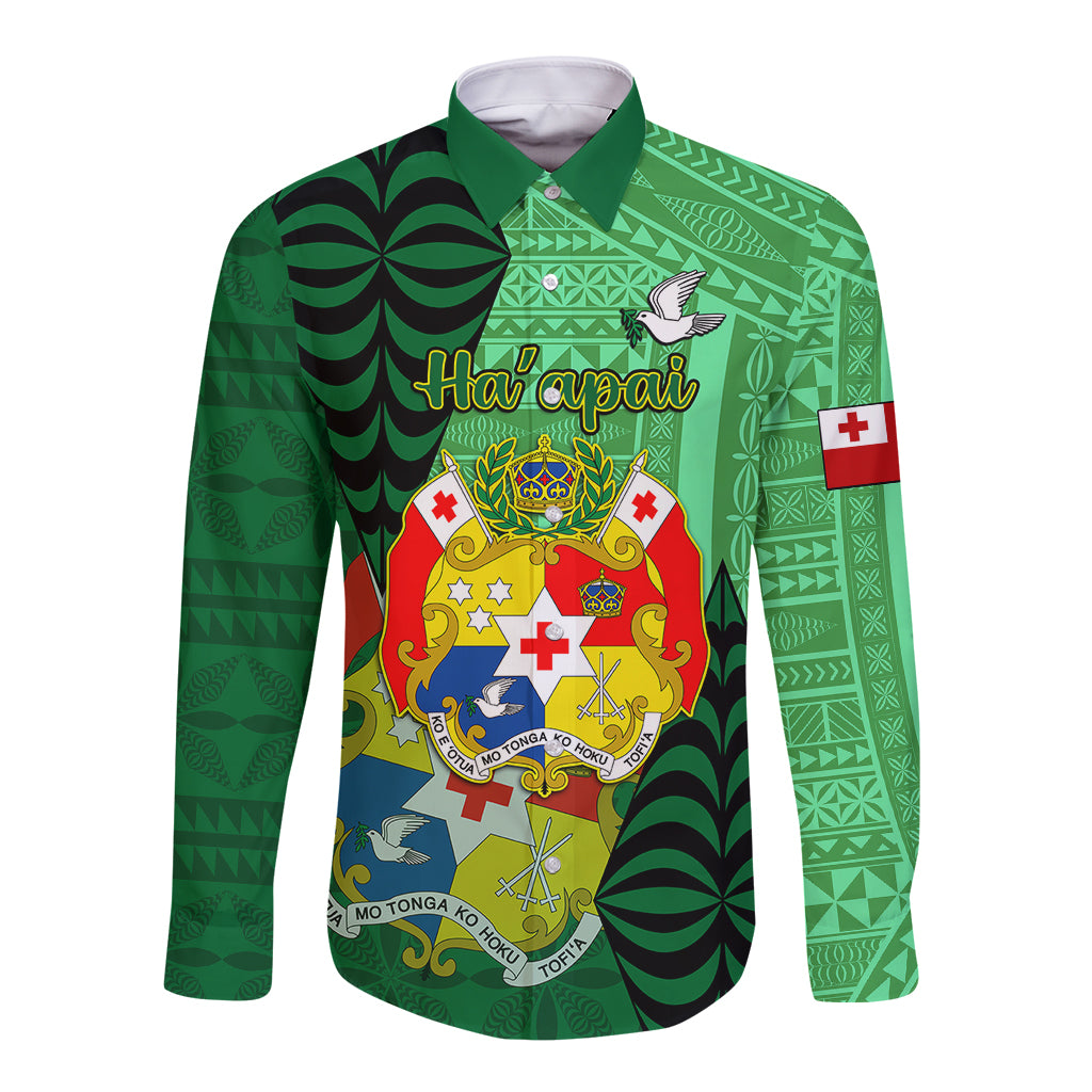 Personalized Tonga Long Sleeve Button Shirt Coat Of Arms Haapai With Ngatu Pattern LT05 Unisex Green - Polynesian Pride