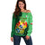 Personalized Tonga Off Shoulder Sweater Coat Of Arms Haapai With Ngatu Pattern LT05 Women Green - Polynesian Pride