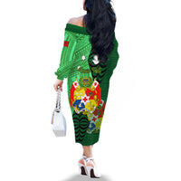 Personalized Tonga Off The Shoulder Long Sleeve Dress Coat Of Arms Haapai With Ngatu Pattern LT05 - Polynesian Pride