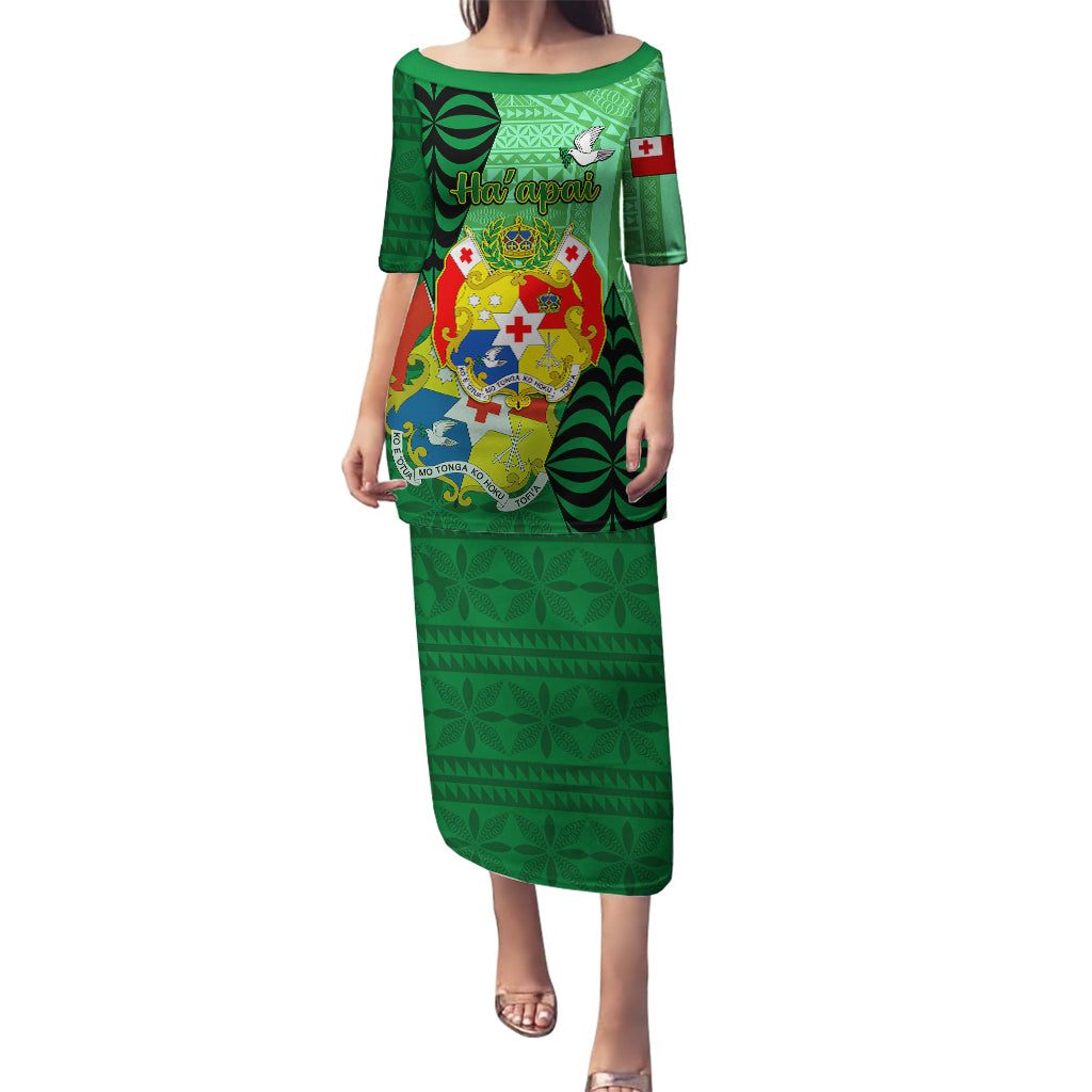 Personalized Tonga Puletasi Coat Of Arms Haapai With Ngatu Pattern LT05 Long Dress Green - Polynesian Pride