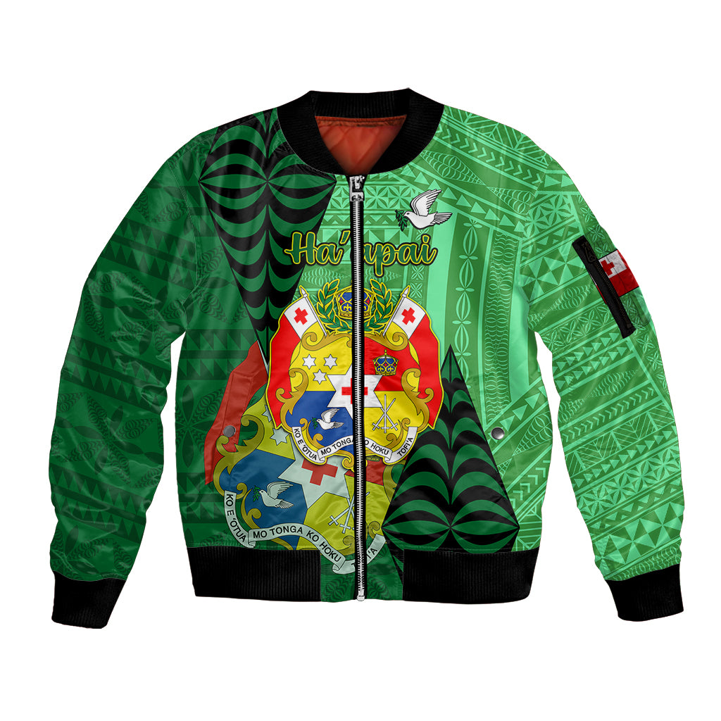 Personalized Tonga Sleeve Zip Bomber Jacket Coat Of Arms Haapai With Ngatu Pattern LT05 Unisex Green - Polynesian Pride