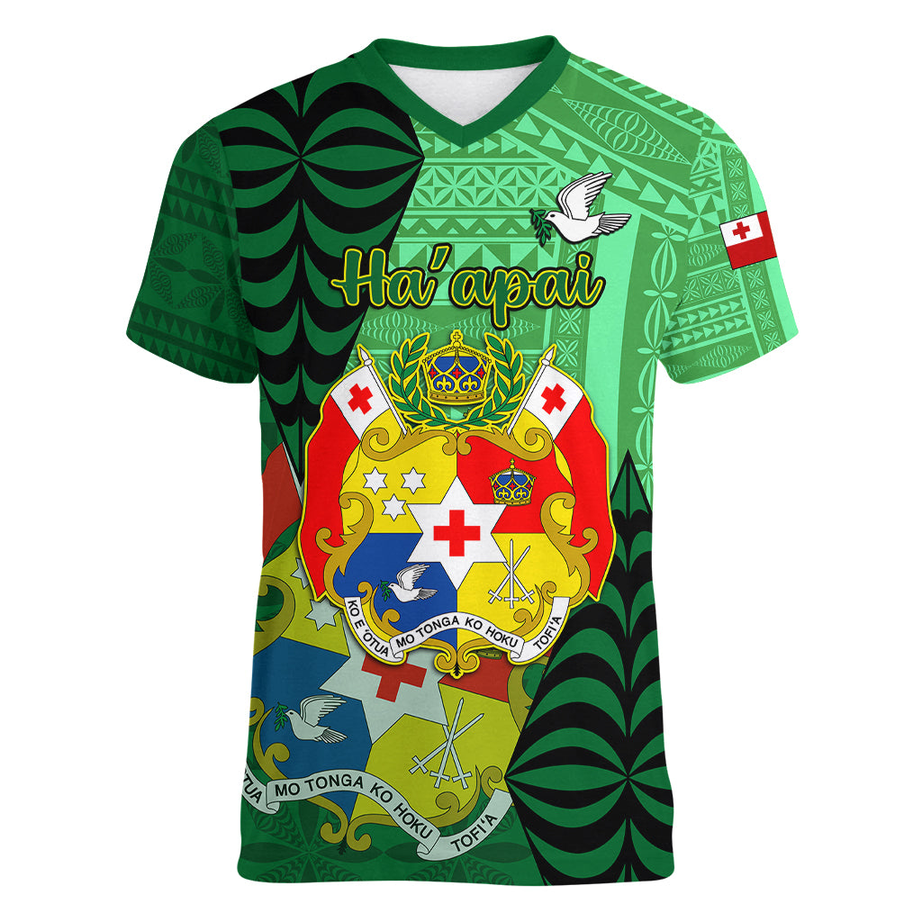 Personalized Tonga Women V Neck T Shirt Coat Of Arms Haapai With Ngatu Pattern LT05 Female Green - Polynesian Pride