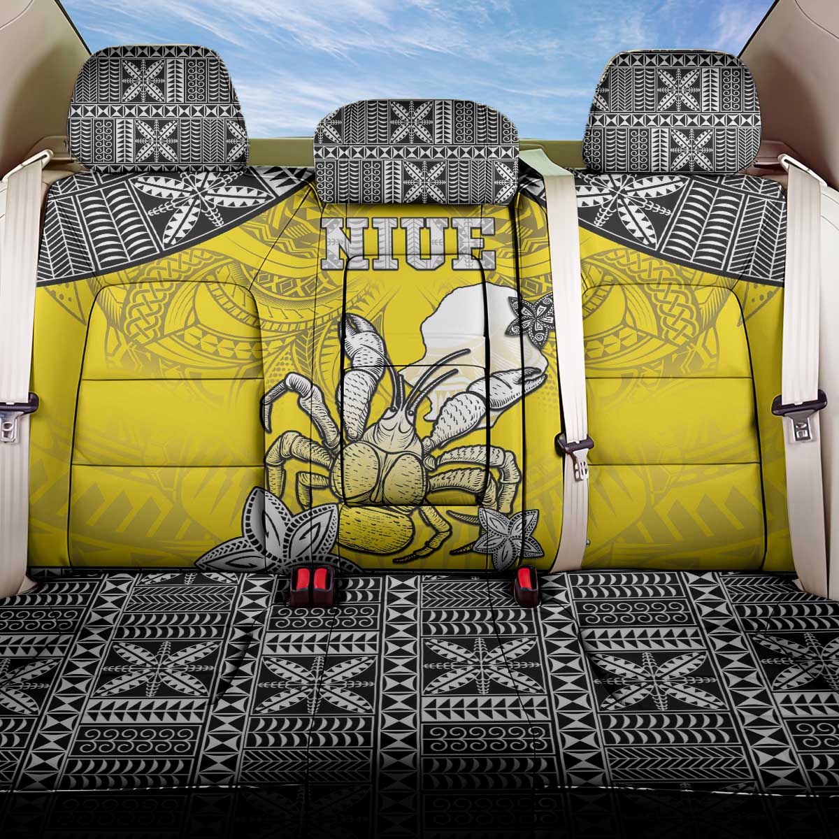 Happy Niue Constitution Day Back Car Seat Cover Niuean Crab Hiapo Pattern Yellow Version LT05 One Size Yellow - Polynesian Pride