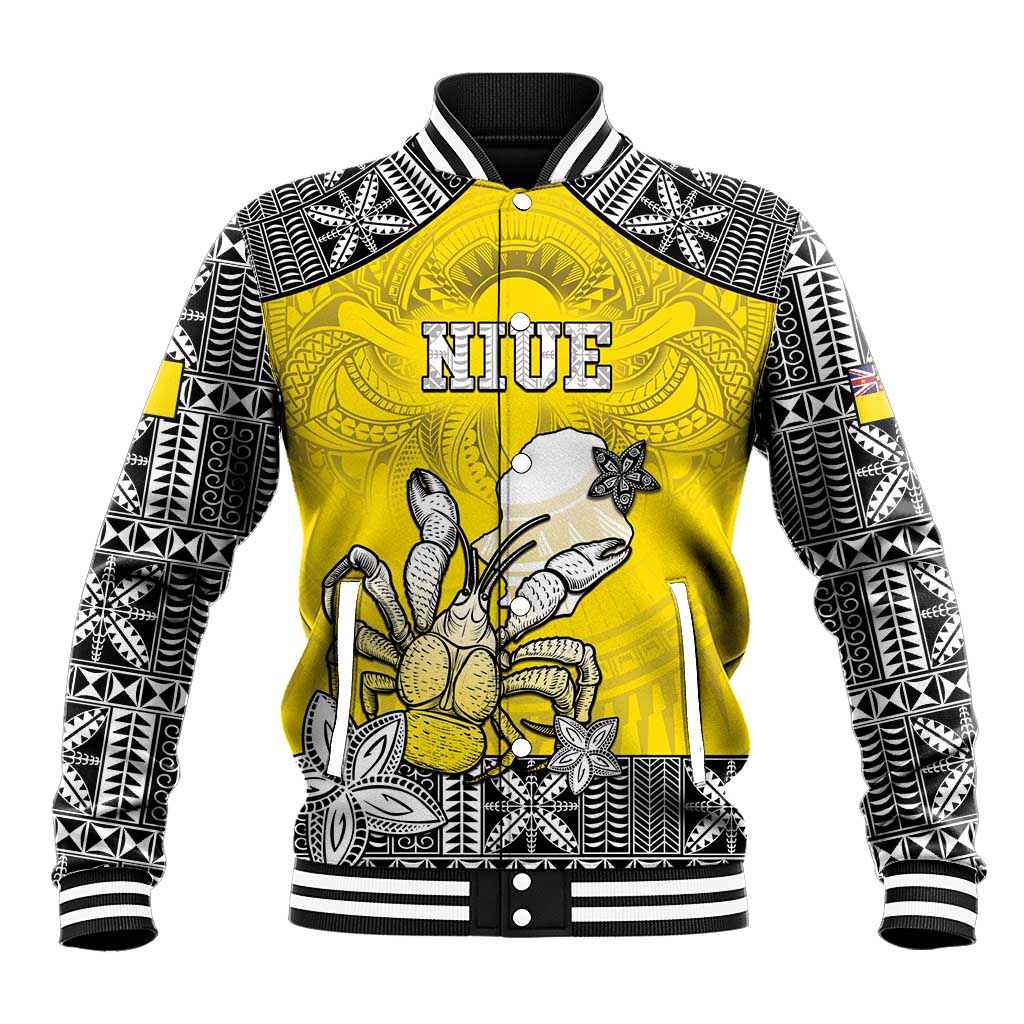 Personalised Happy Niue Constitution Day Baseball Jacket Niuean Crab Hiapo Pattern Yellow Version LT05 Unisex Yellow - Polynesian Pride