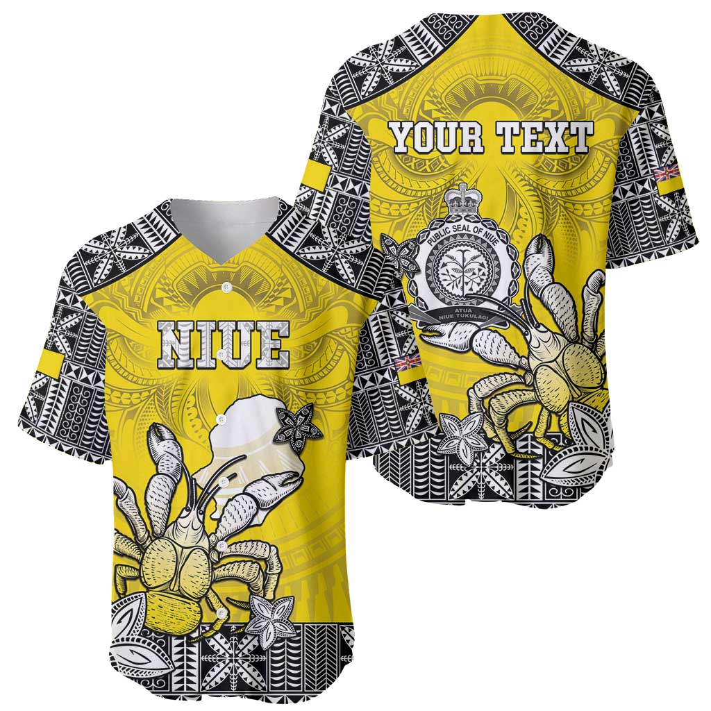 Personalised Happy Niue Constitution Day Baseball Jersey Niuean Crab Hiapo Pattern Yellow Version LT05 - Polynesian Pride