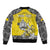 Personalised Happy Niue Constitution Day Bomber Jacket Niuean Crab Hiapo Pattern Yellow Version