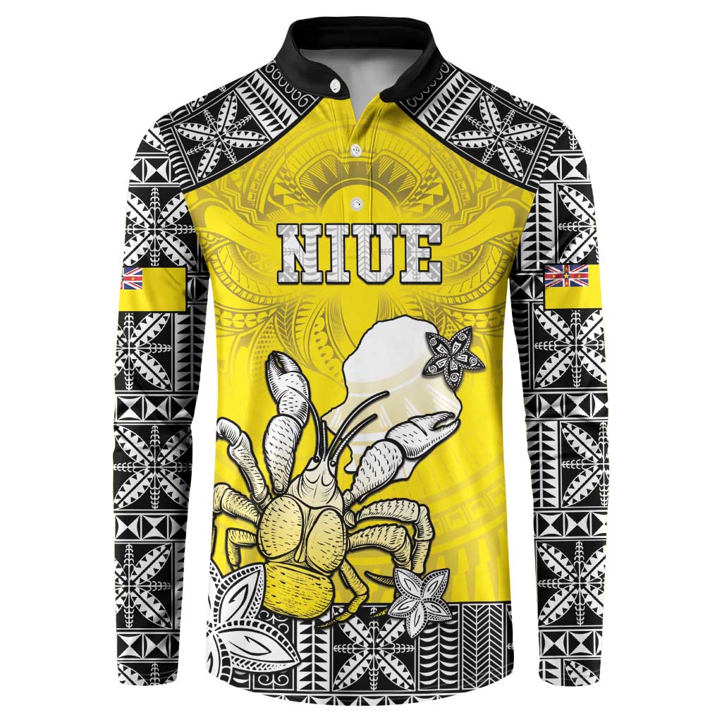 Personalised Happy Niue Constitution Day Button Sweatshirt Niuean Crab Hiapo Pattern Yellow Version LT05 Yellow - Polynesian Pride