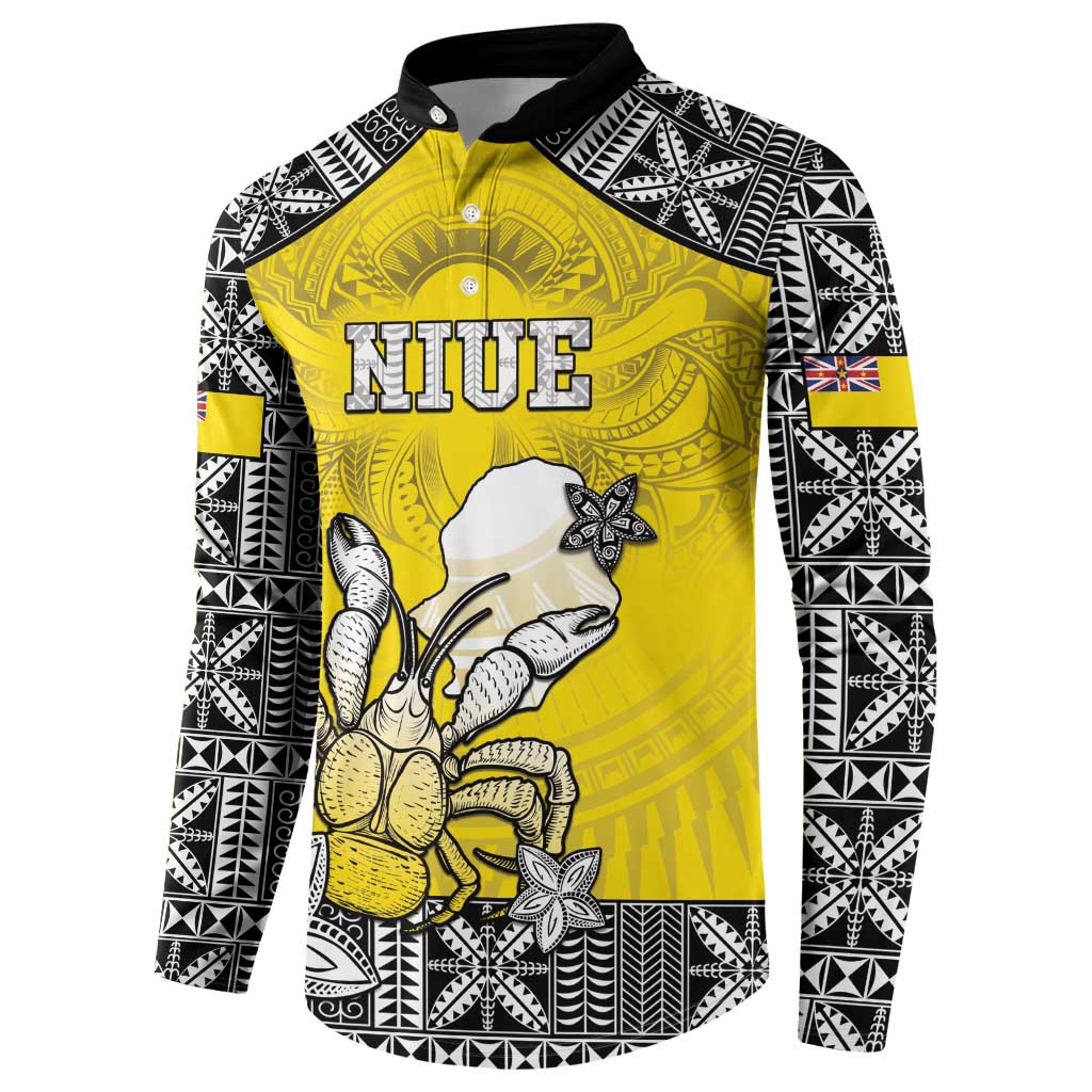 Personalised Happy Niue Constitution Day Button Sweatshirt Niuean Crab Hiapo Pattern Yellow Version LT05 - Polynesian Pride