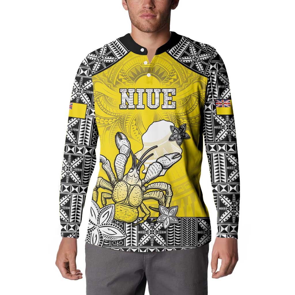 Personalised Happy Niue Constitution Day Button Sweatshirt Niuean Crab Hiapo Pattern Yellow Version LT05 - Polynesian Pride