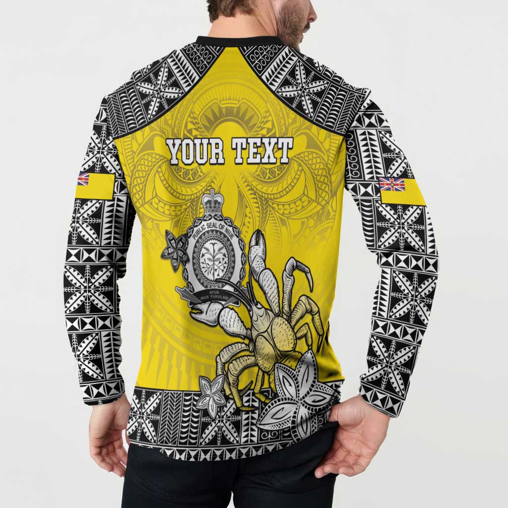Personalised Happy Niue Constitution Day Button Sweatshirt Niuean Crab Hiapo Pattern Yellow Version LT05 - Polynesian Pride