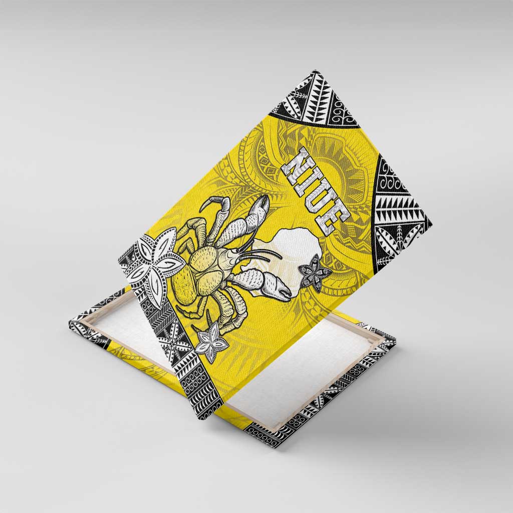 Happy Niue Constitution Day Canvas Wall Art Niuean Crab Hiapo Pattern Yellow Version LT05 With Frame Yellow - Polynesian Pride