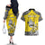 Personalised Happy Niue Constitution Day Couples Matching Off The Shoulder Long Sleeve Dress and Hawaiian Shirt Niuean Crab Hiapo Pattern Yellow Version